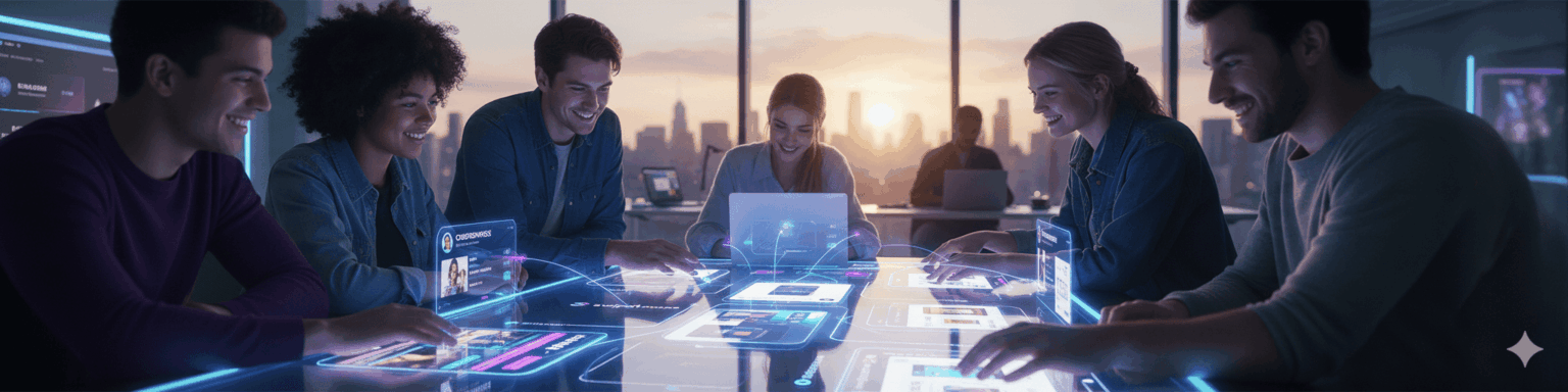 Group collaborating with futuristic technology.