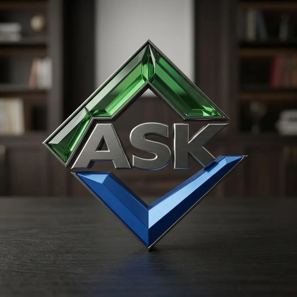Ask The Consultants™ logo in green and blue glass on a dark desk