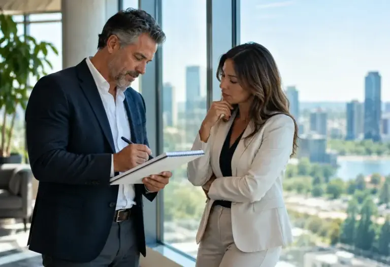 Two business owners by a window, one sketching on a notepad