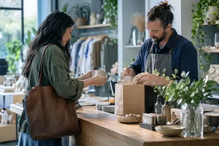 Boutique owner helping a customer at the shop counter