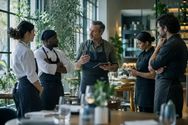 Restaurant owner briefing staff before opening