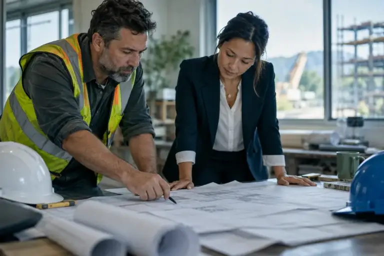 Construction lead and business owner reviewing site plans