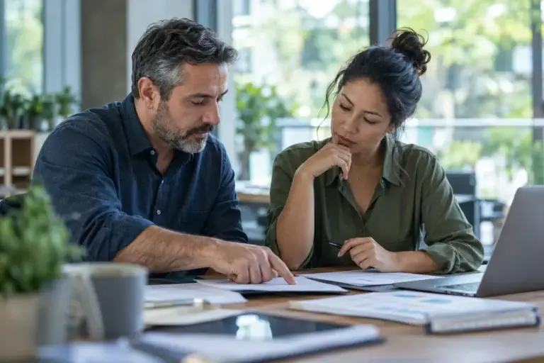 Two business owners comparing documents at a desk