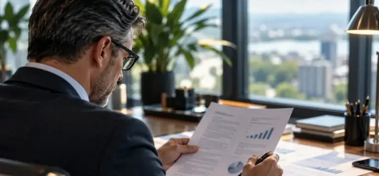 Executive at a desk reviewing a printed evaluation report